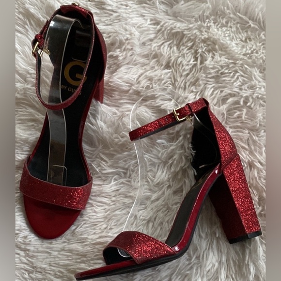 Womens Sz 7.5M red low stacked heel strap ankle wrapped glitter party sandals - Picture 3 of 13